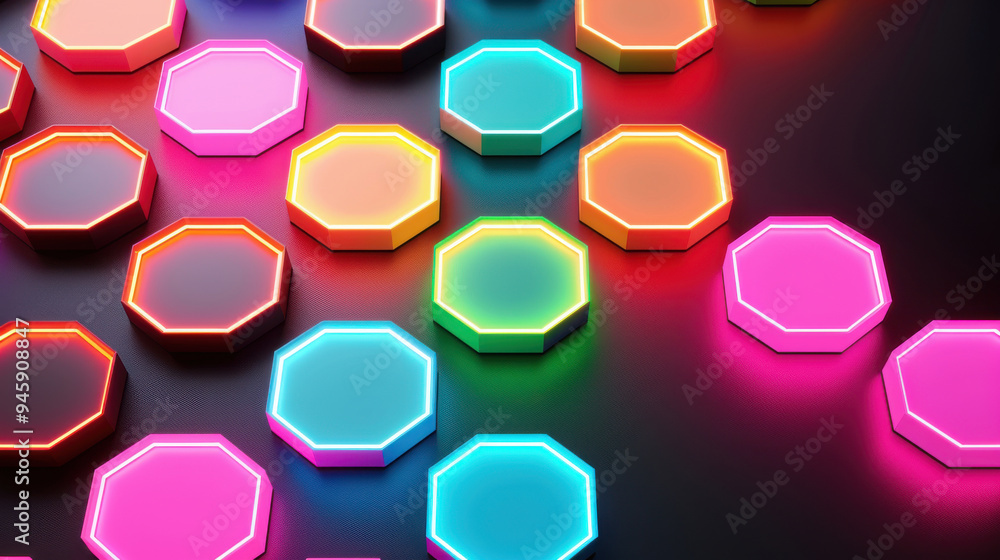 Aufkleber colorful neon octagons scattered on a dark surface, creating a vibrant and dynamic visual effect.