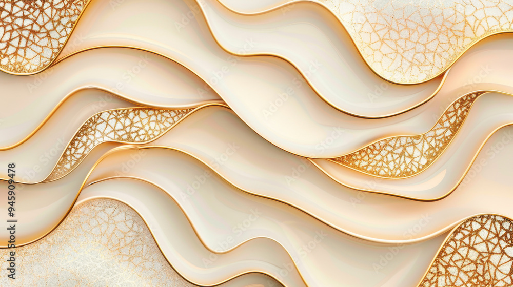 Poster elegant abstract background with flowing waves and intricate patterns in soft cream and gold tones.