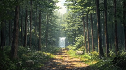 Fototapeta premium A forest trail lined with tall pine trees, leading to a hidden waterfall in the distance, under a bright sky.