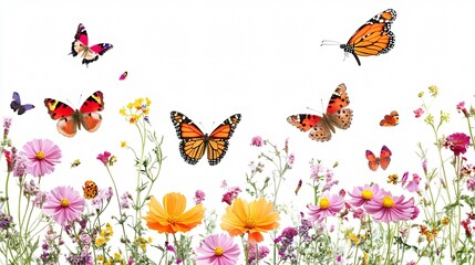 Serenity in Nature: Colorful Blooming Meadow Flowers and Butterflies