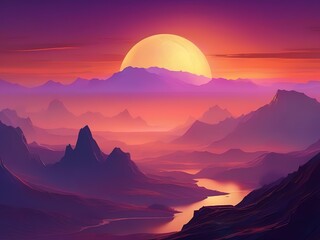 An illustration of an otherworldly landscape scene on an alien planet at sunset in deep purple