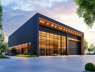 Obraz premium Modern flat Warehouse building under a cloudy sky at sunset, Glass walls modern architecture