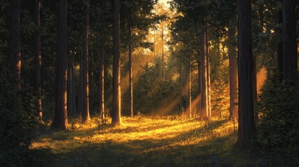 Obraz premium A peaceful forest scene with sunlight breaking through the trees, illuminating a carpet of ferns and wildflowers on the forest floor.