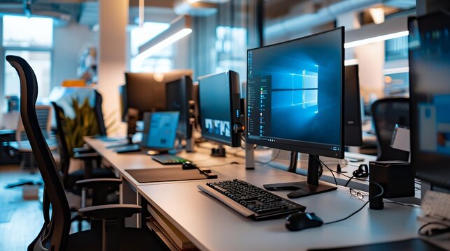 Modern office workspace with computers and tech setup for productivity.
