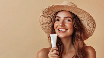 Joyful Woman in Stylish Straw Hat with Sunscreen Tube