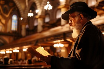 Obraz premium Elder Jewish Rabbi man reading Torah scripture in synagogue at Yom Kippur holiest day in Judaism, atonement and repentance