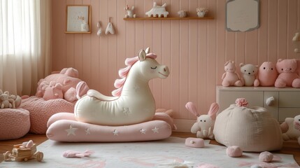 Cute pink unicorn-shaped chair in a pastel-themed cozy children's room