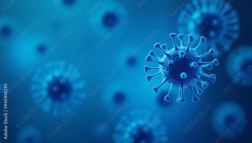 Poster Viral particles in a microscopic view illuminated in blue