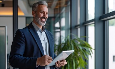 professional executive manager looking away thinking working on tech device