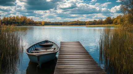 Obraz premium A serene wooden boat docked at a tranquil lake surrounded by trees under a beautiful cloudy sky in autumn