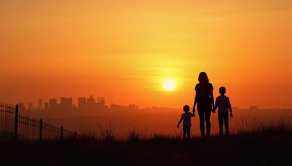 Fototapeta premium Familys silhouette against a stunning sunset