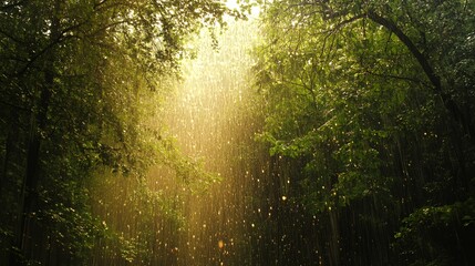 Obraz premium A serene forest scene with sunlight filtering through rain, creating a magical atmosphere.