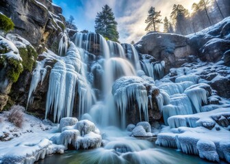 Frozen waterfalls cascade down a misty mountain face