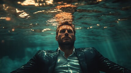 A man in a suit underwater symbolizing struggle, stress, and resilience.