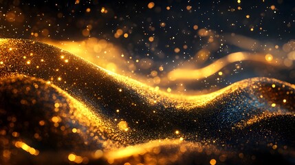 Golden shimmering waves, glittering particles, abstract luxury background, bokeh light effect, sparkling gold dust, flowing curves, festive magical atmosphere, dreamy golden glow.