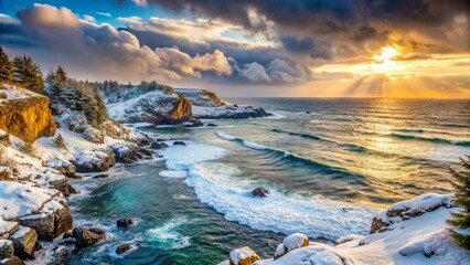 Gentle snowfall transforms a rugged coastline into a serene winter wonderland