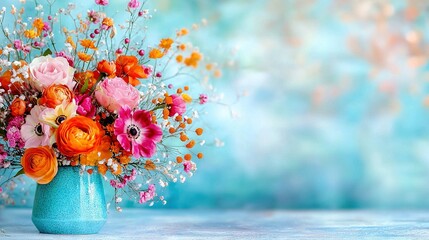   A blue vase brimming with vibrant blossoms rests atop a pristine white countertop, adjacent to a cerulean wall