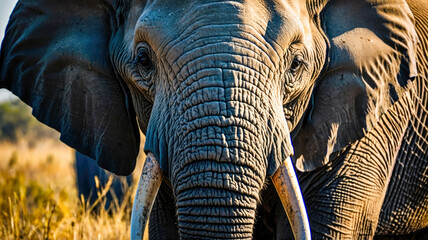 Majestic African elephant walking through the savannah at sunset, with other elephants in the background