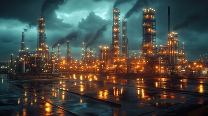 Fototapeta premium An expansive refinery plant at night symbolizing industry, energy production, and nightscape.