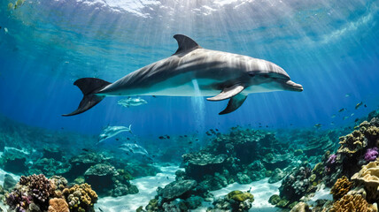 Fototapeta premium A dolphin glides underwater above a vibrant coral reef, illuminated by sunlight streaming through the water