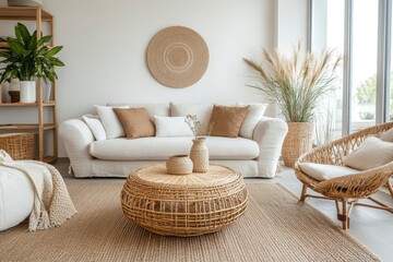 Interior of light living room with sofas, rattan table and soft carpet , ai