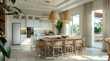 Fototapeta premium Modern kitchen and dining area with natural light and stylish decor.