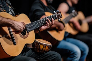 Fototapeta premium Latino Musicians: A close-up of hands playing traditional Latin instruments like the guitar, maracas, or congas, emphasizing the musical heritage.