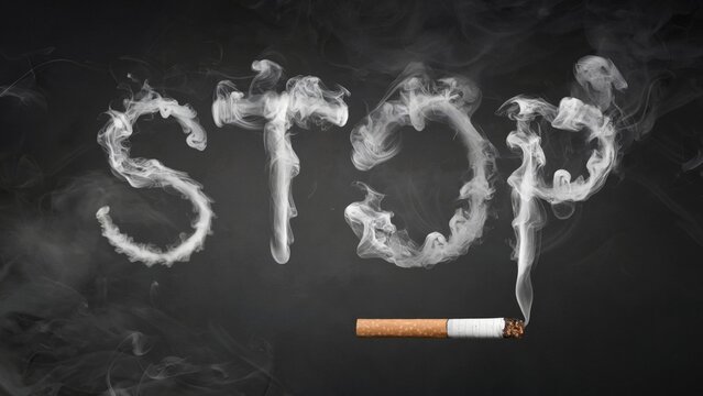 Cigarette smoke forms the word 'stop' on black background