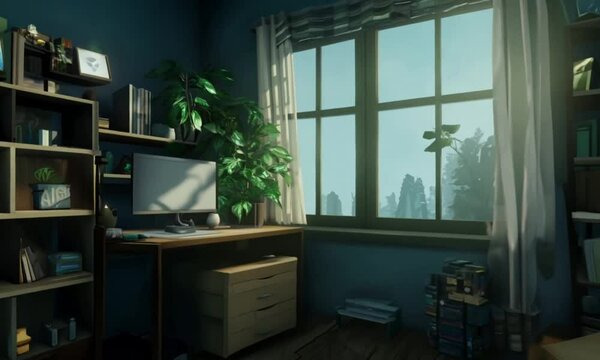 Isometric messy nostalgic bedroom with gaming PC setup, bookshelves and plants - 3D concept art
