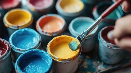 Painting ceramic products using acrylic paint and brush. Making a colorful decoration of a clay project with paint and water.