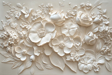 Beautifully detailed floral relief sculpture showcasing delicate flowers and leaves in a monochrome palette, highlighting craftsmanship and texture.
