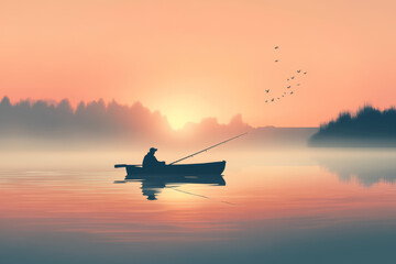 Silhouette of a man fishing from a small boat on a calm lake at sunrise, with birds flying and a peaceful atmosphere.

