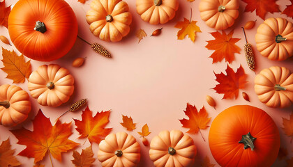 A collection of small orange pumpkins arranged on a soft beige background autumn leaves in shades of orange and brown
