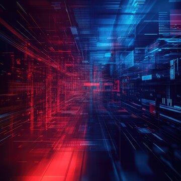 A vibrant abstract background combining red and blue lights, ideal for technology, digital art, or futuristic themes.