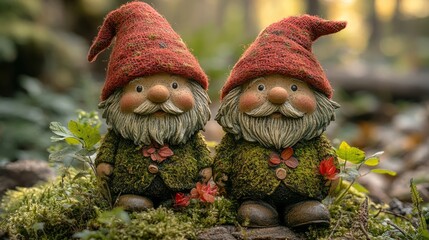 Pair of moss-covered garden gnome statues with cheerful expressions