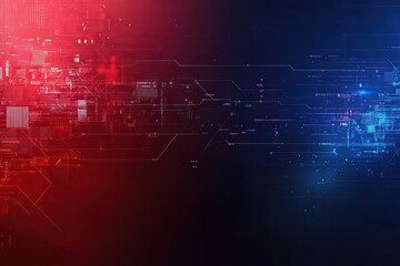 Obraz premium Abstract digital background with contrasting red and blue hues, showcasing intricate lines and data patterns for technology themes.