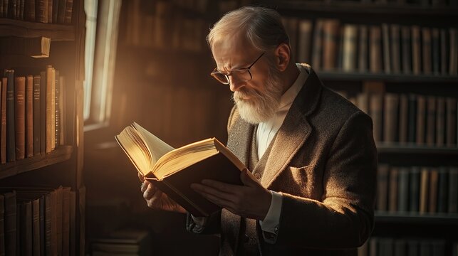 Old professor in the library reading book.