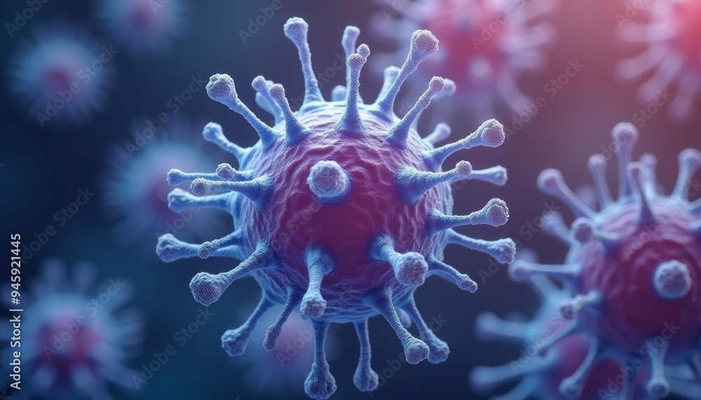 Poster viral particles in a microscopic view illustrating the complexity of their structure