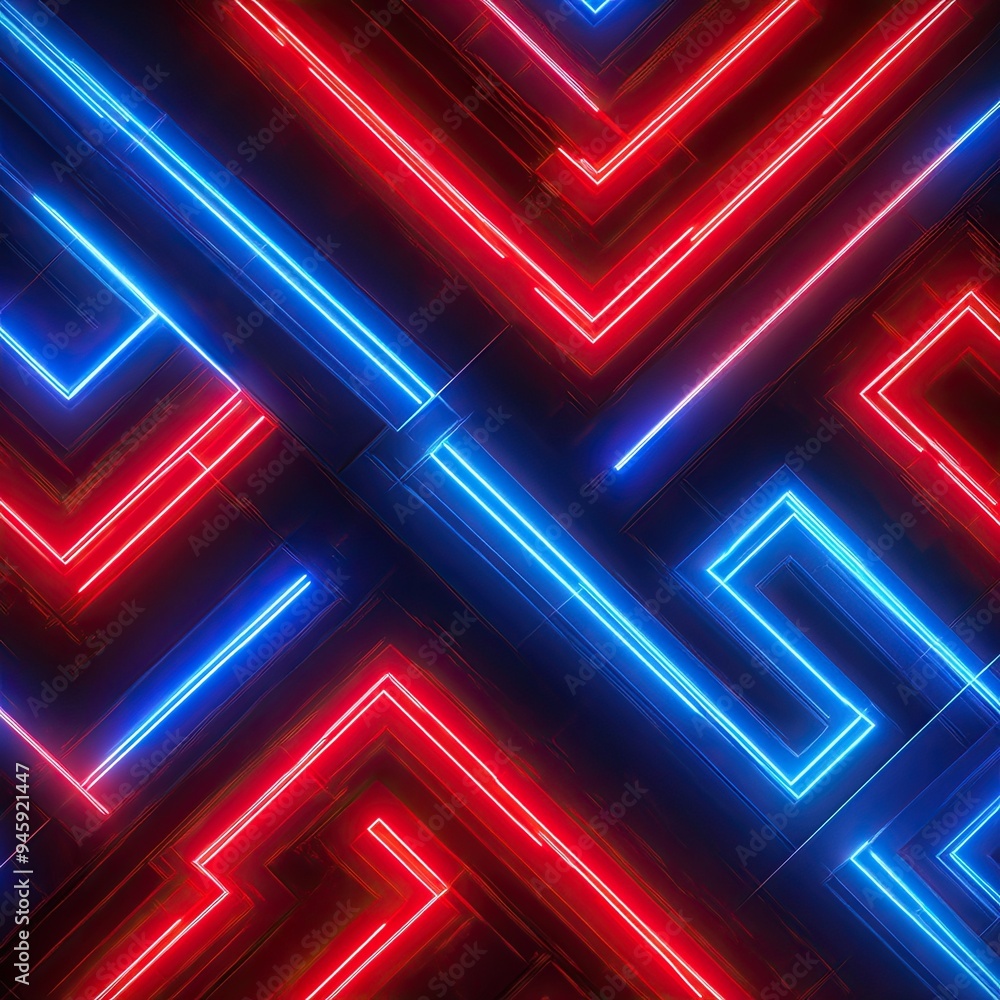 Wall mural vibrant abstract neon maze with blue and red glowing lines, creating a modern and dynamic visual eff