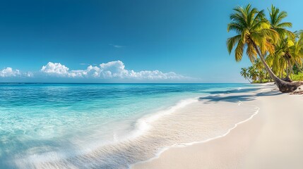 Tropical paradise panorama, pristine white sand beach, crystal clear turquoise water, lush green palm trees, vibrant blue sky, bright sunlight, calm ocean waves, remote island coastline.