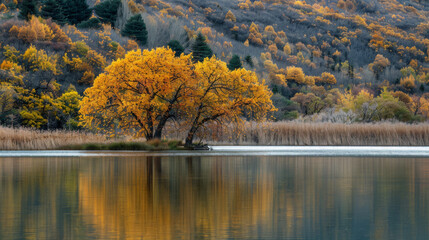 A solitary tree with vibrant autumn foliage stands in the still waters of a mountain lake, perfectly reflected beneath towering, misty cliffs, creating a serene and picturesque scene.
