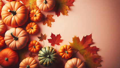 Fototapeta premium A collection of small orange pumpkins arranged on a soft beige background autumn leaves in shades of orange and brown