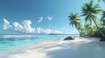 Tropical paradise panorama, pristine white sand beach, crystal clear turquoise water, lush green palm trees, vibrant blue sky, bright sunlight, calm ocean waves, remote island coastline.