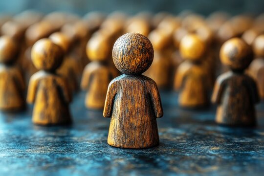 Wooden Figurine in a Crowd: A single wooden figurine stands out in a crowd of similar figures, symbolizing individuality, leadership, or a unique perspective. This image evokes themes of standing apar
