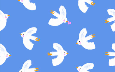 Cute Seamless Pattern With Flying White Birds. White Doves on a Blue Background. Endless Print with Hand Drawn Pigeons Flying on a Blue Sky. Infantile Style Repeatable Design.