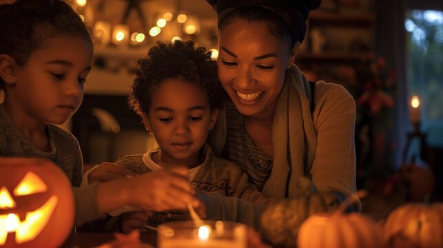 Happy Multiracial Family Pumpkin Carving During Halloween. Warm Autumn Holiday Scene with Pumpkins Lanterns. Generative ai
