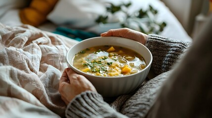 Family member comforting sick loved one in bed with bowl of nourishing soup