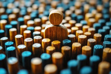 Obraz premium Standing Out: Wooden figure stands tall amidst a sea of others, symbolizing leadership, uniqueness, and the power of individual contribution. 