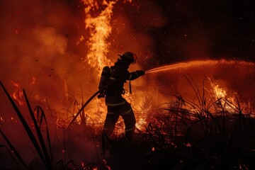 Firefighter battling flames in dense brush during nighttime operations in a wildfire
