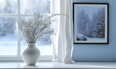 A delicate vase adorns a tall white window, resting on a white wooden table. A framed picture of a...